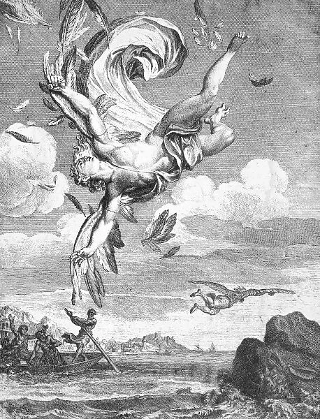 DAEDALUS AND ICARUS. The Fall of Icarus. Copper engraving, 1731, by Bernard Picart