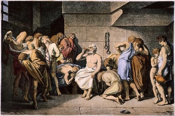 DEATH OF SOCRATES. Wood engraving, German, 19h century