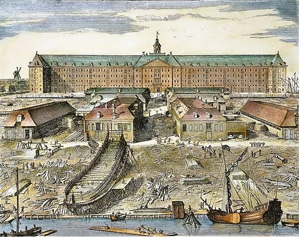 DUTCH EAST INDIA COMPANY. Wharf and shipbuilding yard of the Dutch East India Company at Rotterdam: colored Dutch engraving, 1694