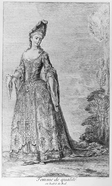 FRANCE: FASHIONABLE LADY. Fashionable Lady Dressed for a Ball. Etching after Claude Gillot