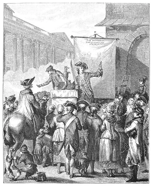French quack near the Louvre. Line engraving, 19th century, after a painting by Duplessis-Bertaux of the 18th century