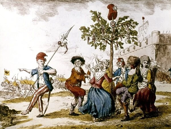 FRENCH REVOLUTION, 1792. Dancing around the Liberty Tree to celebrate the Austrian defeat during the French Revolution. French color engraving, 1792