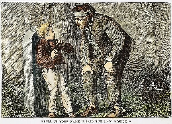 GREAT EXPECTATIONS. Pips first meeting with the convict, Abel Magwitch. Wood engraving from a 19th century American edition of Charles Dickenss Great Expectations