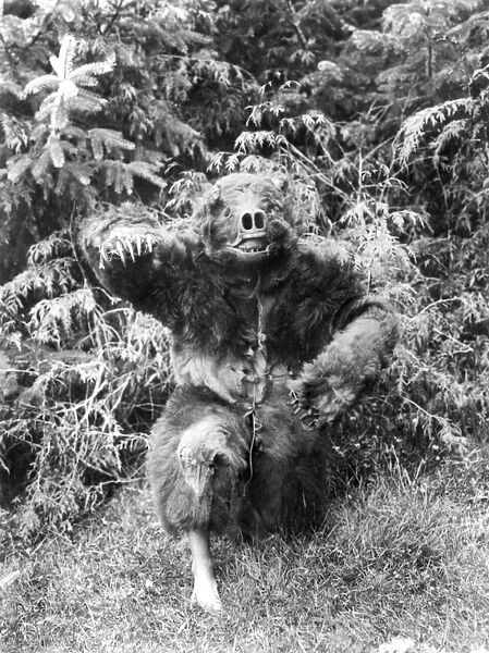KWAKIUTL DANCER, c1914. A Kwakiutl man dressed in a full bear costume, to guard