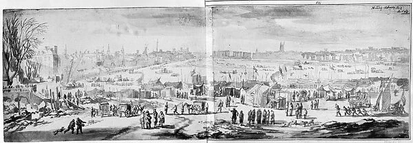 LONDON: FROST FAIR, 1684. View from the middle of the frozen Thames River of the