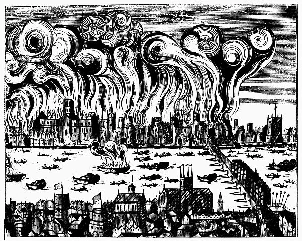 LONDON: GREAT FIRE, 1666. The Great Fire of London, which destroyed 13, 200 houses and 89 churches but with a total death toll of six persons: contemporary engraving