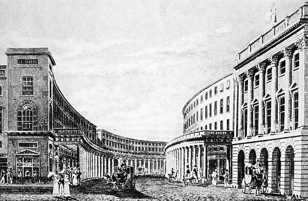 LONDON: REGENT STREET 1828. The Quadrant, Regent Street. An example of the rather severe, harmonius, classical style of urban architecture associated with the Regency period and the name of Nash. Line engraving, English, 1828
