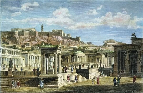 MARKET IN ATHENS as it appeared in classical antiquity: wood engraving, 19th century
