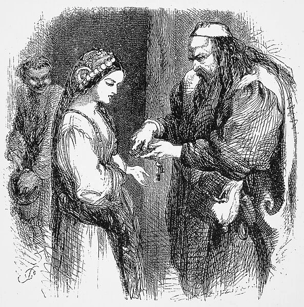 MERCHANT OF VENICE. Shylock and his daughter Jessica (Act II, Scene V). Engraving, 1881, after Sir John Gilbert for William Shakespeares Merchant of Venice