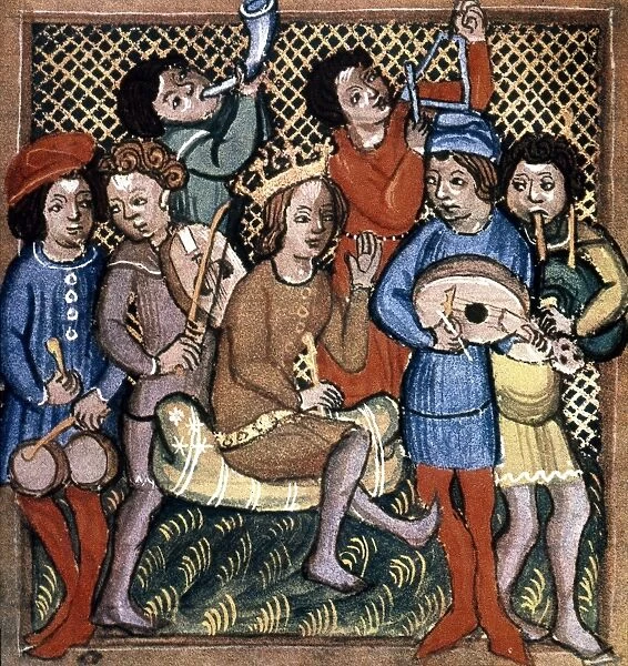 MUSICIANS. Illumination from the Olomouc Bible, 1417, Czechoslovakia