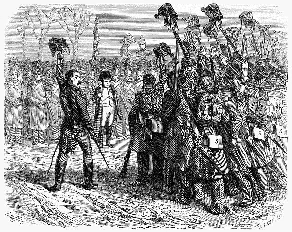NAPOLEONs RETURN, 1815. Napoleon I, escaped from Elba, saluted by soldiers sent to arrest him at Grenoble, France, March 1815. Wood engraving, French, 1839