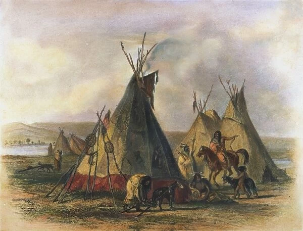 NATIVE AMERICAN LODGES. Skin lodges of an Assiniboin chief near Fort Union on the Missouri River