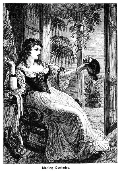NULLIFICATION CRISIS, 1832. A South Carolina belle sewing a defiant palmetto cockade at the time of the Nullification Ordinance of 1832. Wood engraving, American, 19th century