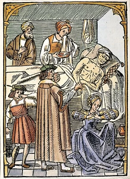 A physician visits a plague victim, holding a sponge soaked in aromatic vinegar to his nose while his assistant holds his own nose shut with his fingers. Woodcut, German, 16th century