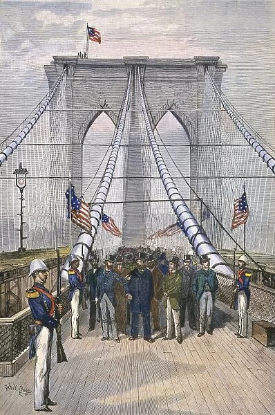 President Chester Alan Arthur and his party walking across the Brooklyn Bridge during the opening day ceremonies on 24 May 1883: contemporary colored engraving