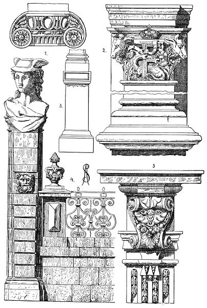RENAISSANCE ORNAMENT. French Renaissance decorative architectural elements. Engraving