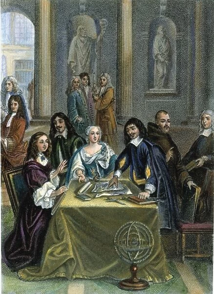 RENE DESCARTES (1596-1650). French mathematician and philosopher. Descartes at the court of Queen Christina of Sweden. Aquatint, early 19th century