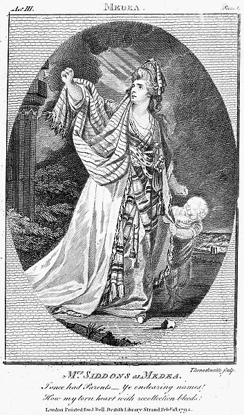 SARAH SIDDONS (1755-1831). English actress. In the title-role of Richard Glovers Medea at the Theater-Royal, Drury Lane, London, England. Copper engraving, English, 1792