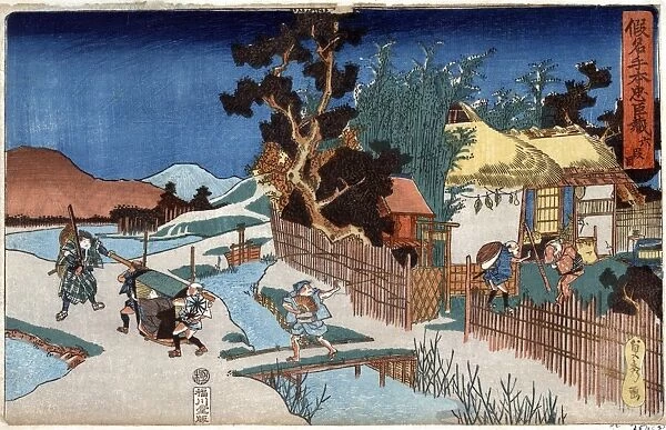 Scene from the Chushingura, the Japanese tale of the 47 Ronin (or 47 Samurai). Print shows a person in a sedan chair leaving a residential compound and being stopped by a samurai warrior. Woodblock print by Sadahide Utagawa, 1830-1844