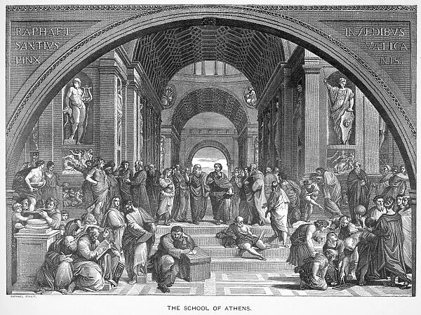 THE SCHOOL OF ATHENS. Plato and Aristotle at center. Line engraving after the fresco, 1509-1510, by Raphael