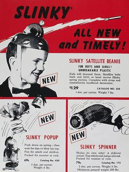 SLINKY ADVERTISEMENT, 1958. American advertisement for various Slinky toys, 1958