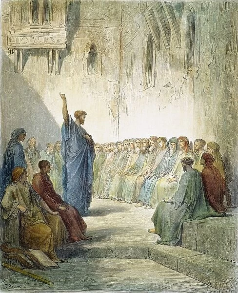 ST. PAUL PREACHING. St. Paul preaching to the Thessalonians (I Thessalonians 2: 9). Wood engraving, 19th century, after Gustave Dor