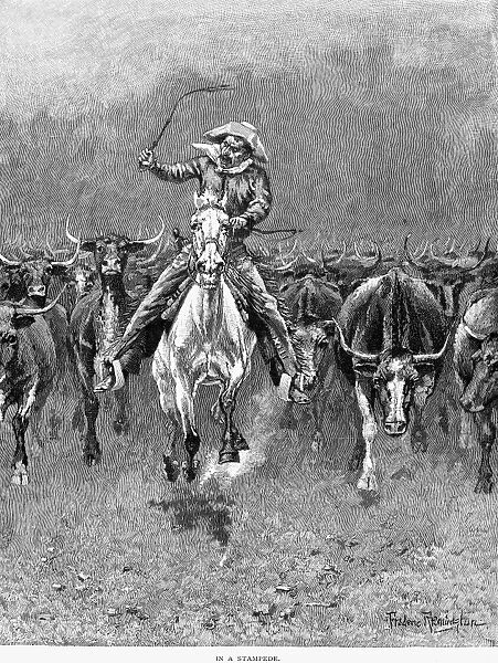 IN A STAMPEDE. Wood engraving, 1888, after a drawing by Frederic Remington (1861-1908)