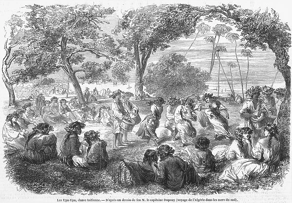 TAHITI: DANCE, 1855. The Upa-Upa, a Tahitian dance: wood engraving, French, 1855