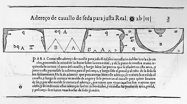 TAILORs PATTERN BOOK, 1589. Line engraving from Juan de Alcegas Libro de Geometria, a pattern book for tailors, published in Madrid, Spain, 1589