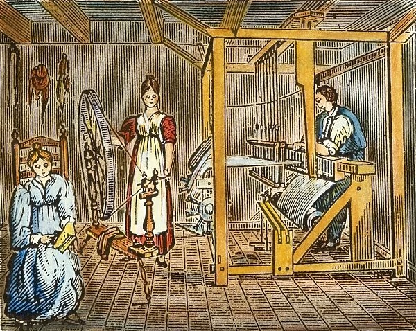 TEXTILE COTTAGE INDUSTRY. The cottage industry of carding, spinning, and weaving of wool or flax into cloth in colonial America. Wood engraving, early 19th century