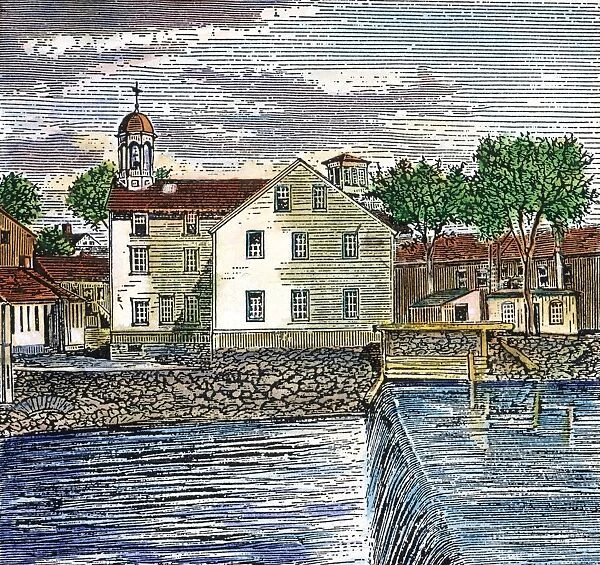 TEXTILE MILL, 1793. Samuel Slaters textile mill built at Pawtucket, Rhode Island, in 1793. 19th century engraving