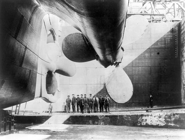 TITANIC: LAUNCH, 1911. The RMS Titanic in drydock about to be launched at Harland & Wolff shipyards, Belfast, Ireland. Photographed 31 May 1911
