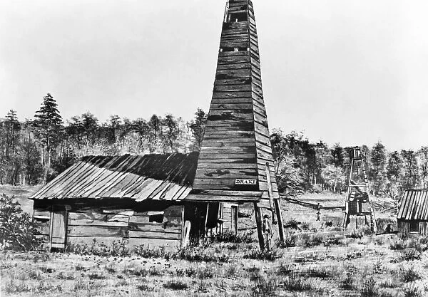 TITUSVILLE OIL WELL, 1859. The Drake Well, first oil well drilled at Titusville, Pennsylvania