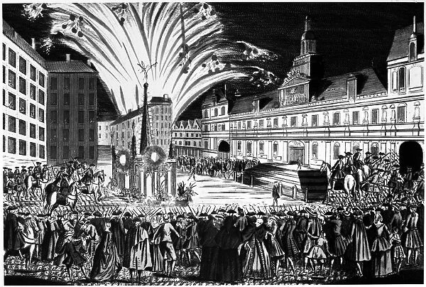 TREATY OF PARIS, 1763. Fireworks at H├┤tel de Ville in Paris celebrating the Treaty of Paris, 10 February 1763, ending the Seven Years War between Great Britain, France and Spain. Contemporary French line engraving