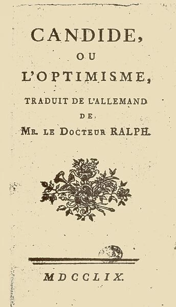 VOLTAIRE: CANDIDE. Title page of the first edition of Voltaires Candide, published at Geneva