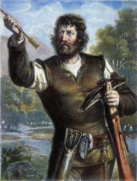 WILLIAM TELL. The legendary Swiss hero holding the crossbow and arrow with which he shot the apple from his sons head: engraving, 19th century