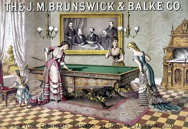 WOMEN PLAYING BILLIARDS. 19th century American lithograph