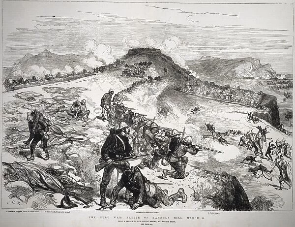ZULU WAR, 1879. The Battle of Kambula Hill, 29 March 1879, between British troops and Zulu fighters on the Transvaal frontier of Zululand. Wood engraving from a contemporary British newspaper