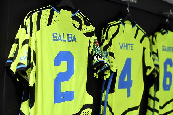 Arsenal's Pre-Match Preparation: William Saliba's Jersey in Arsenal Dressing Room (West Ham United vs Arsenal, Carabao Cup 2023-24)
