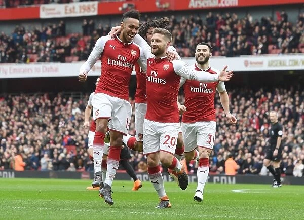 Mustafi and Aubameyang Celebrate Arsenal's First Goal Against Watford (2017-18)
