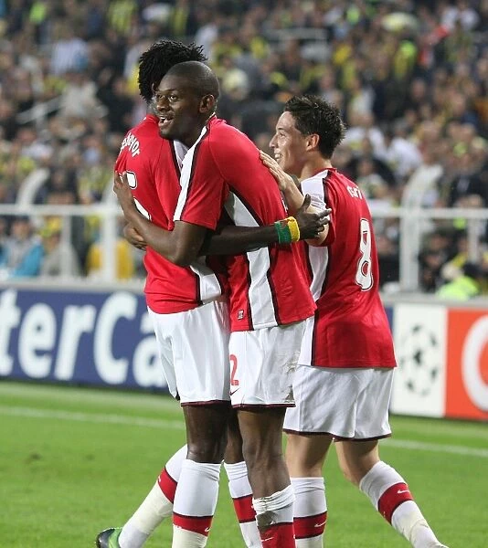 Triumphant Threesome: Diaby, Adebayor, Nasri Celebrate Arsenal's 3rd Goal in 2:5 Victory over Fenerbahce (UEFA Champions League, Group G)