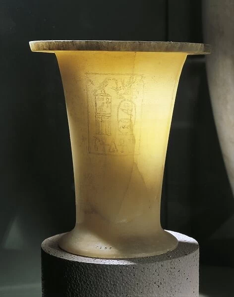 Ancient Egyptian alabaster vase for ointments with the name of pharaoh Merenre Nemtyemsaef II, Old Kingdom, VI Dynasty