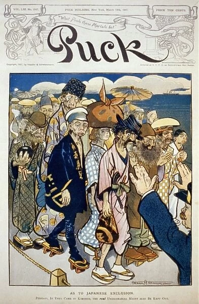 Anti-immigration caricature showing anarchists, Jews, Russians and Italians dressed in kimonos