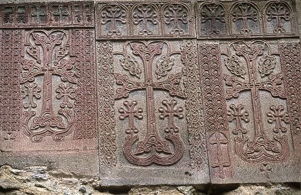 Armenia, Geghard Monastery, three Khachkars, carved tombstones