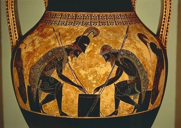 Attic vase of Exekias depicting Achilles and Ajax playing dice, detail