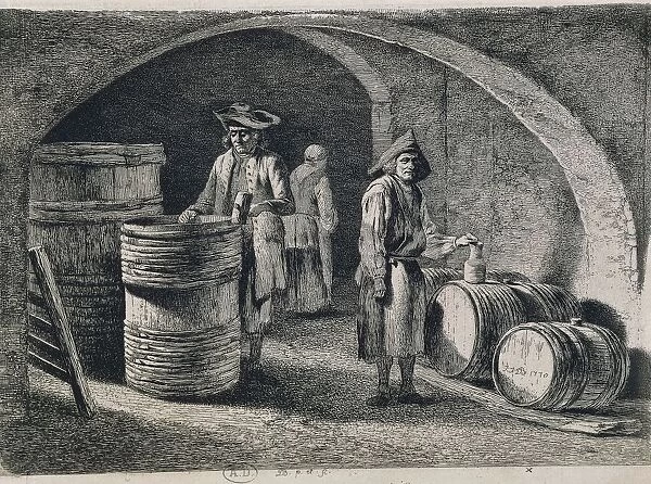 Cellar with wine barrels, engraving, 1770
