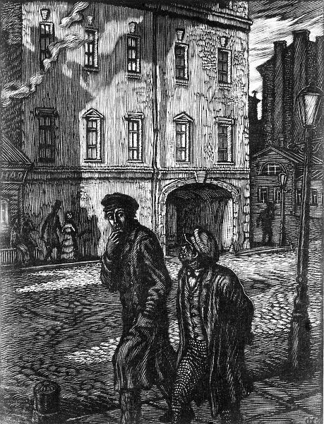 Crime and punishment novel by fyodor dostoyevsky, feodor konstantinovs illustration (woodcut), 1945