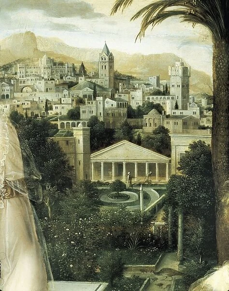 David and Bathsheba by Jan Massys, detail with view of Jerusalem