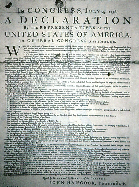 Declaration of independence 1776 from the Congress of Representatives. Signed by John Hancock, President of the Congress
