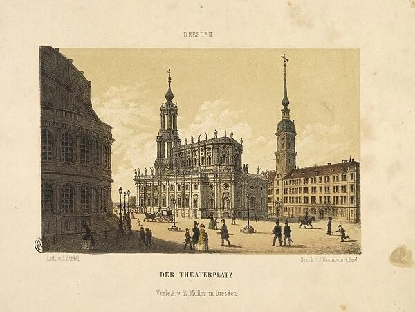 Dresden, Theaterplatz (Theatre Square), Semperoper on left with Cathedral in centre